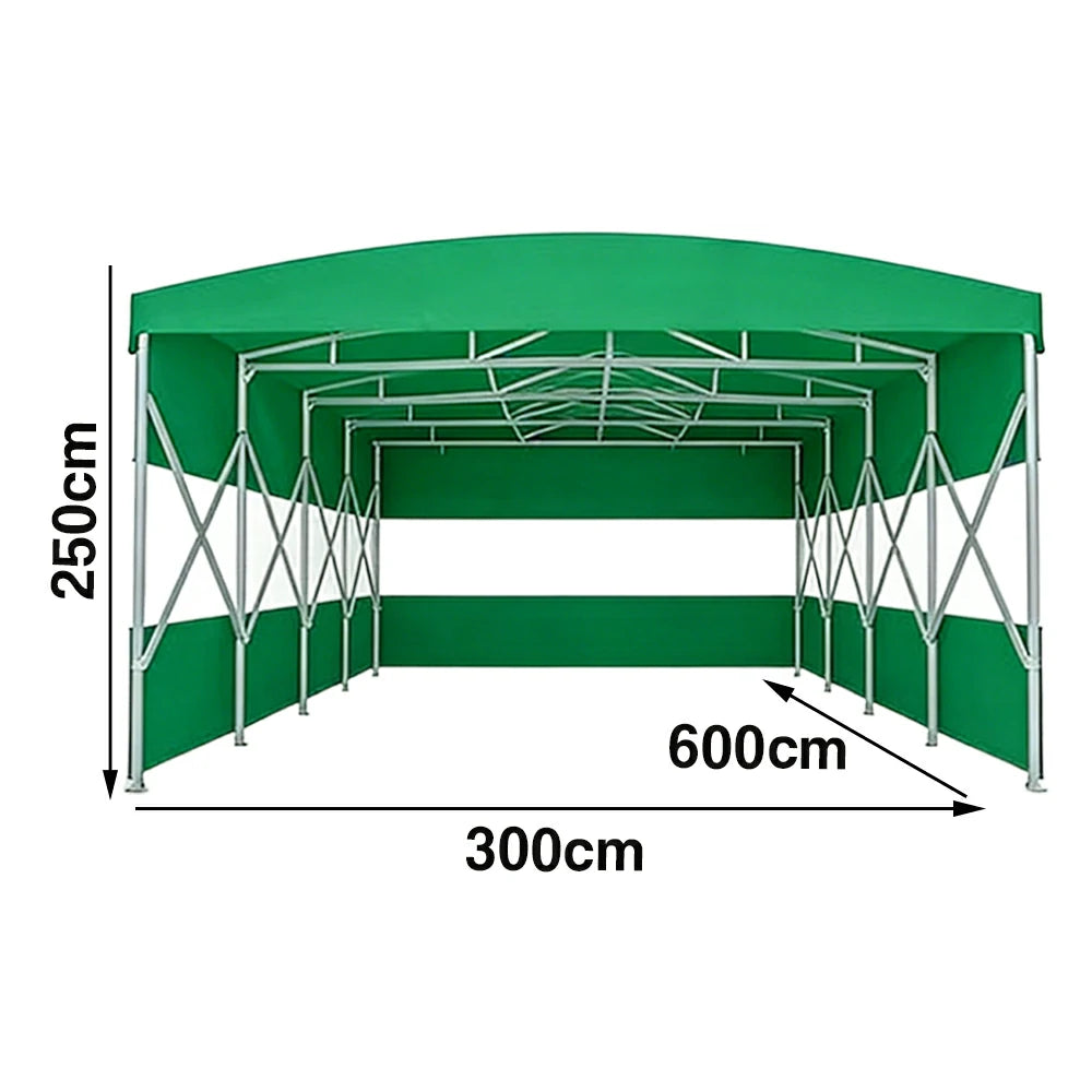 TREKKA Retractable Outdoor Canopy Rain and Sun Shelter Galvanised Steel Frame PVC Fabric 3-Side Panels Split Door - Green