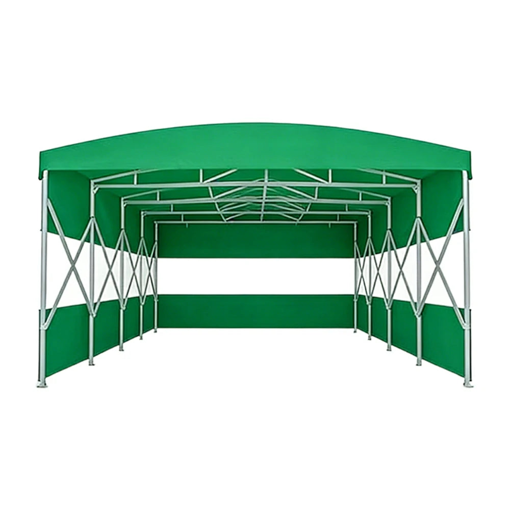 TREKKA Retractable Outdoor Canopy Rain and Sun Shelter Galvanised Steel Frame PVC Fabric 3-Side Panels Split Door - Green