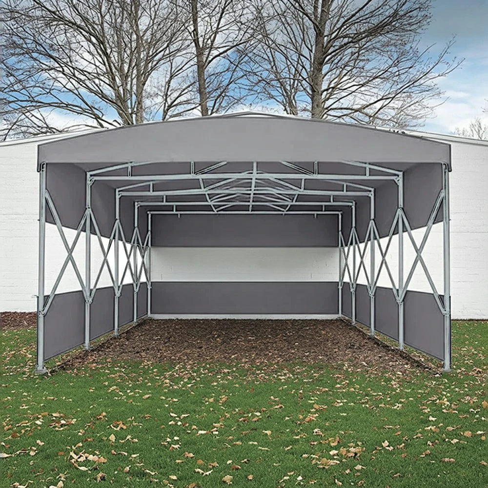 TREKKA Retractable Outdoor Canopy Rain and Sun Shelter Galvanised Steel Frame PVC Fabric 3-Side Panels Split Door - Grey