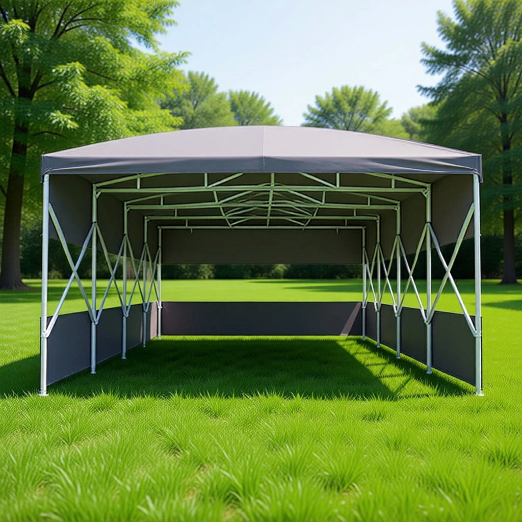 TREKKA Retractable Outdoor Canopy Rain and Sun Shelter Galvanised Steel Frame PVC Fabric 3-Side Panels Split Door - Grey