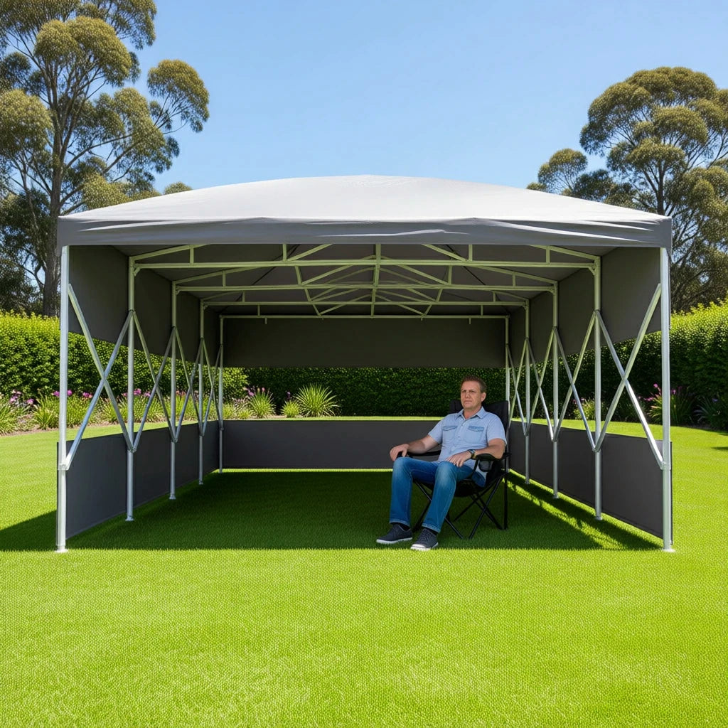TREKKA Retractable Outdoor Canopy Rain and Sun Shelter Galvanised Steel Frame PVC Fabric 3-Side Panels Split Door - Grey