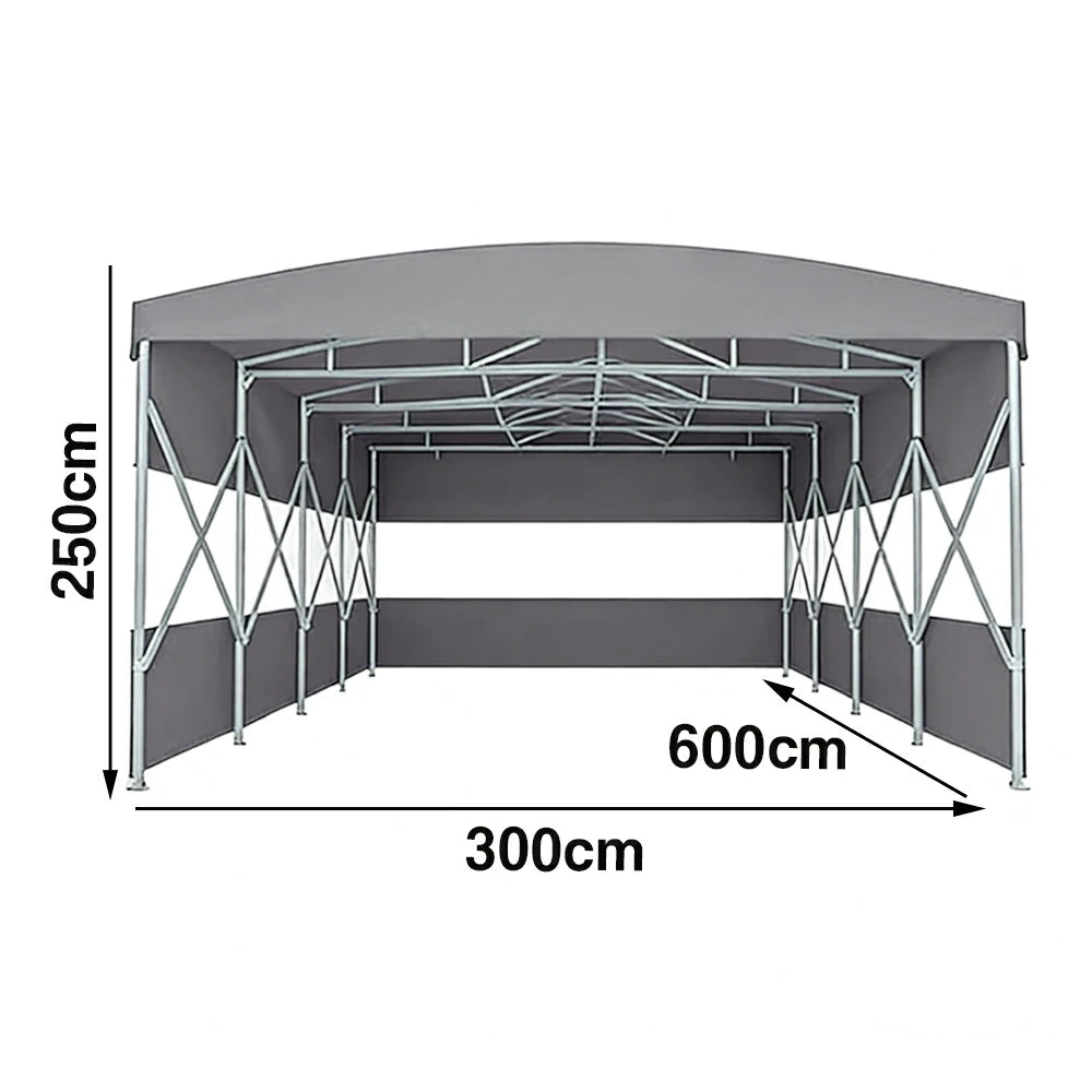 TREKKA Retractable Outdoor Canopy Rain and Sun Shelter Galvanised Steel Frame PVC Fabric 3-Side Panels Split Door - Grey
