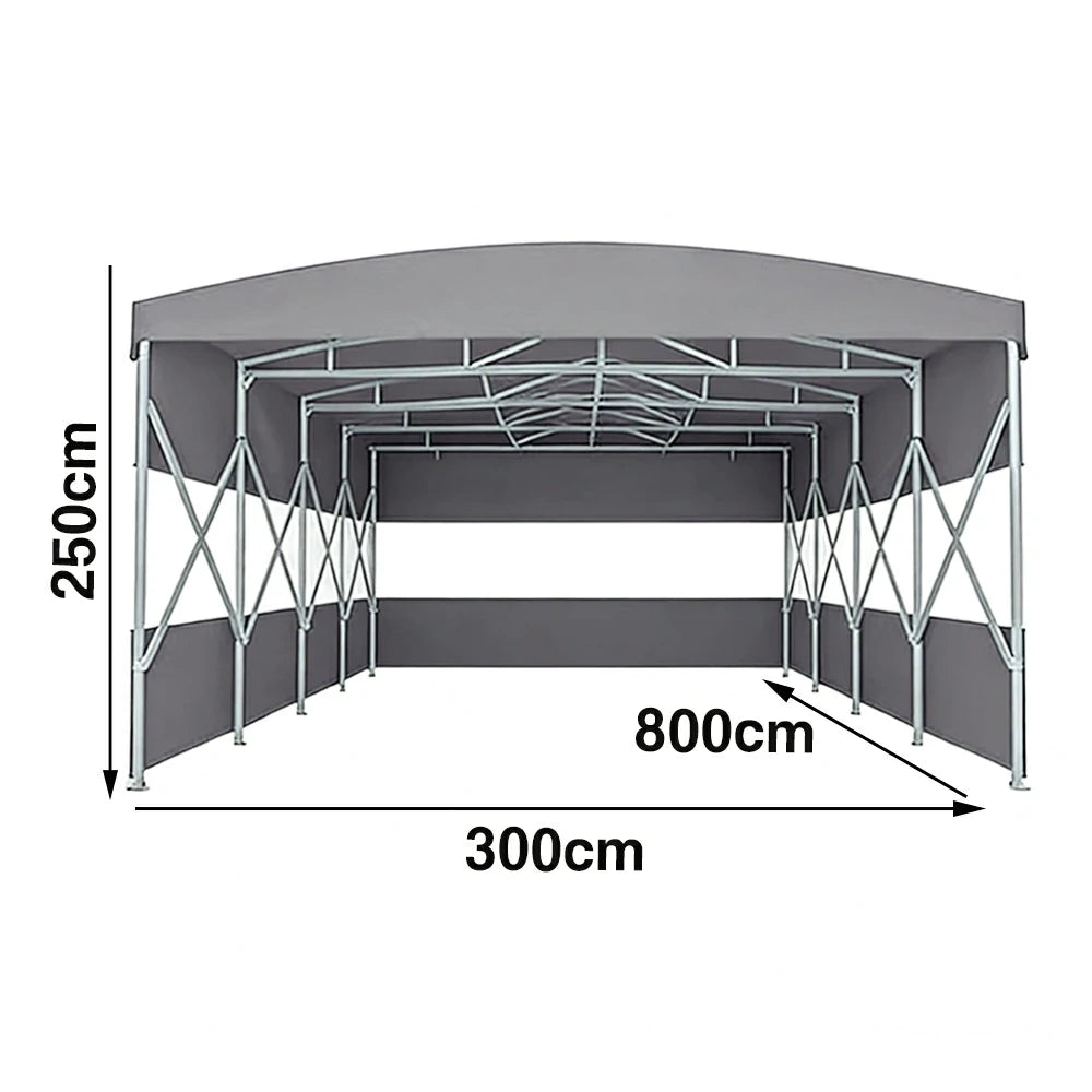 TREKKA Retractable Outdoor Canopy Rain and Sun Shelter Galvanised Steel Frame PVC Fabric 3-Side Panels Split Door - Grey