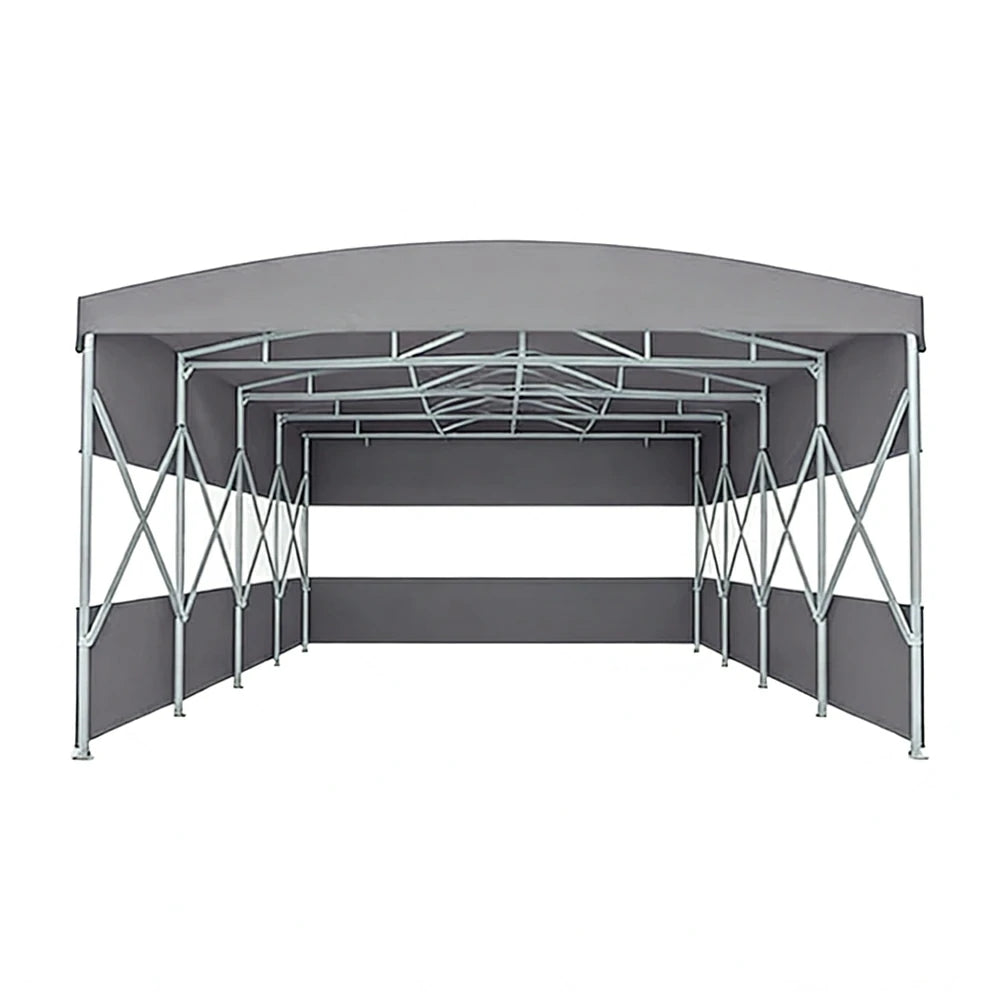 TREKKA Retractable Outdoor Canopy Rain and Sun Shelter Galvanised Steel Frame PVC Fabric 3-Side Panels Split Door - Grey