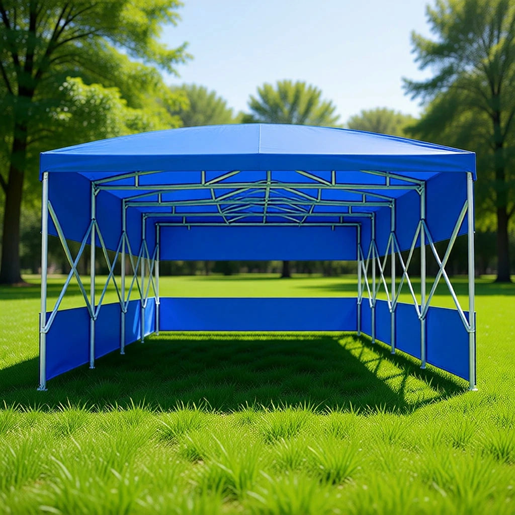 TREKKA Retractable Outdoor Canopy Rain and Sun Shelter Galvanised Steel Frame PVC Fabric 3-Side Panels Split Door - Blue