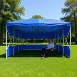 TREKKA Retractable Outdoor Canopy Rain and Sun Shelter Galvanised Steel Frame PVC Fabric 3-Side Panels Split Door - Blue