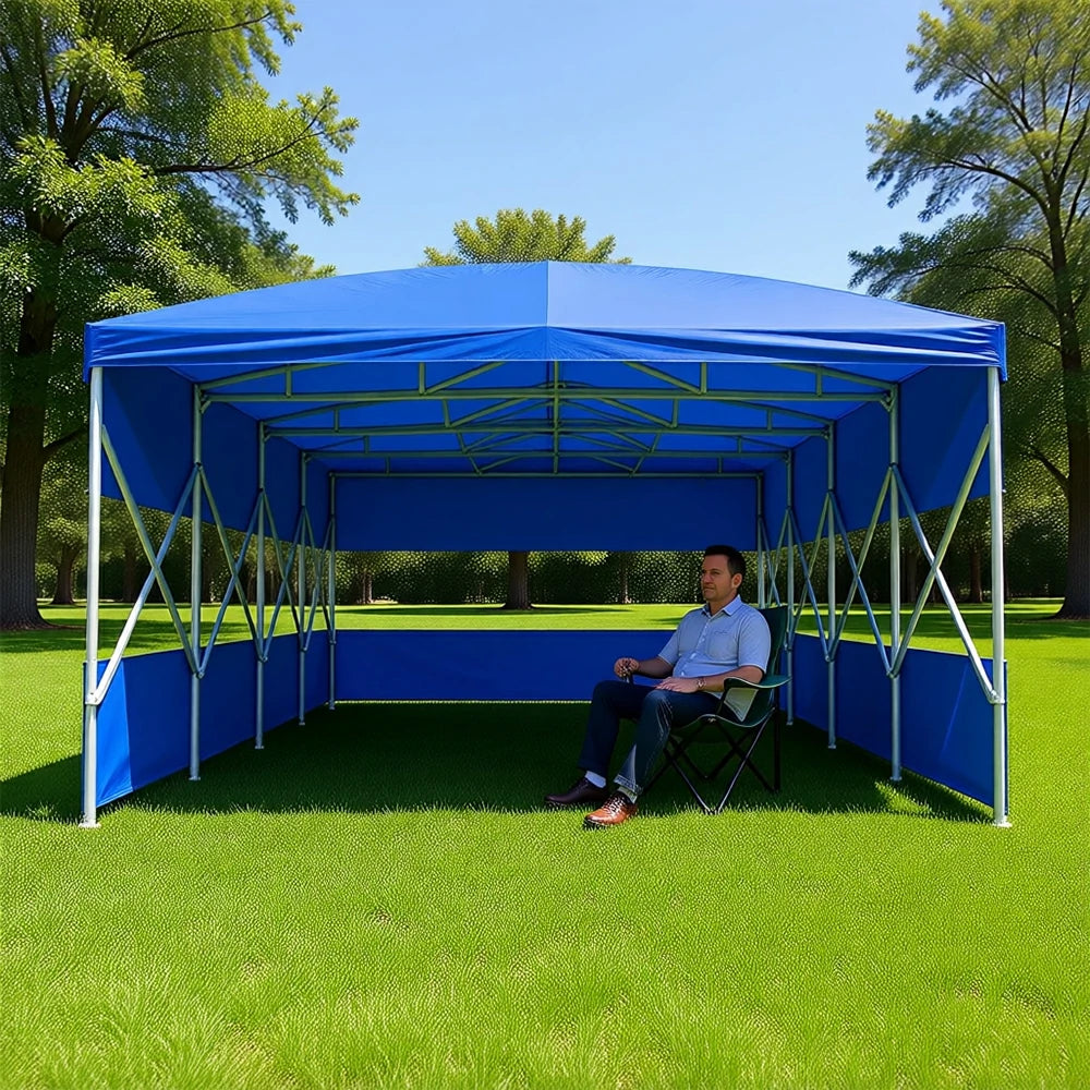 TREKKA Retractable Outdoor Canopy Rain and Sun Shelter Galvanised Steel Frame PVC Fabric 3-Side Panels Split Door - Blue