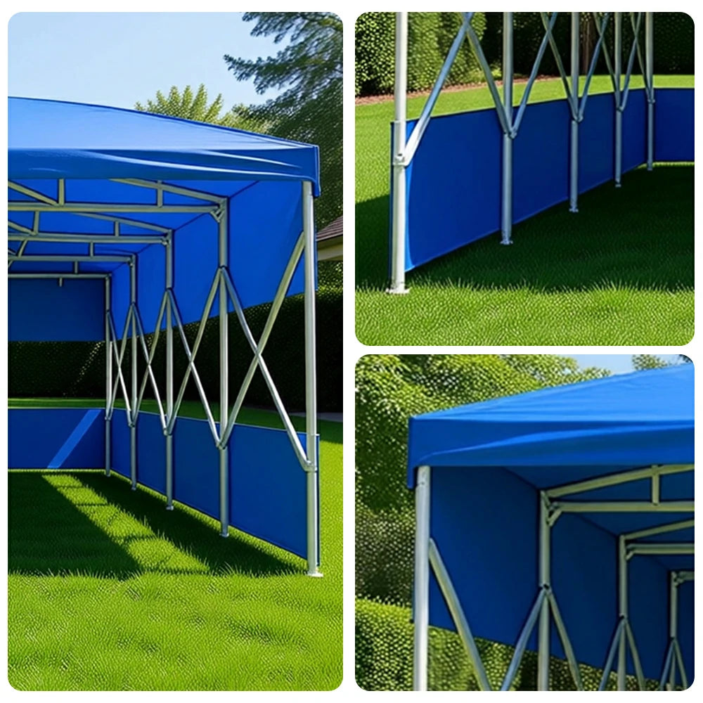 TREKKA Retractable Outdoor Canopy Rain and Sun Shelter Galvanised Steel Frame PVC Fabric 3-Side Panels Split Door - Blue