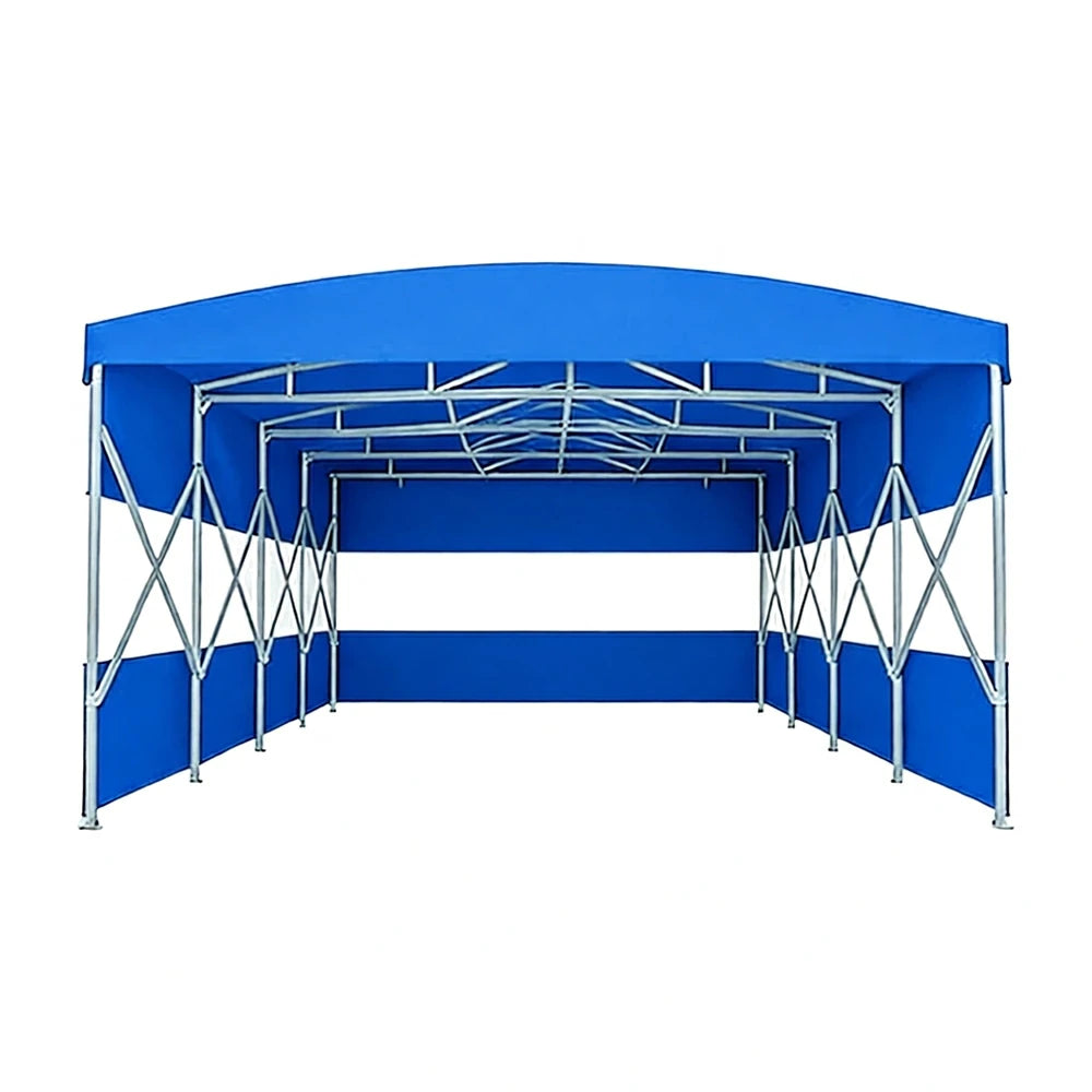 TREKKA Retractable Outdoor Canopy Rain and Sun Shelter Galvanised Steel Frame PVC Fabric 3-Side Panels Split Door - Blue