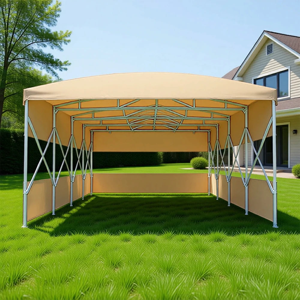 TREKKA Retractable Outdoor Canopy Rain and Sun Shelter Galvanised Steel Frame PVC Fabric 3-Side Panels Split Door - Khaki