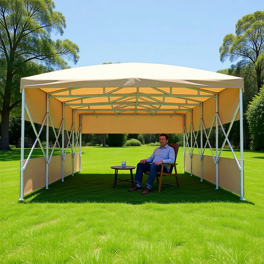 TREKKA Retractable Outdoor Canopy Rain and Sun Shelter Galvanised Steel Frame PVC Fabric 3-Side Panels Split Door - Khaki