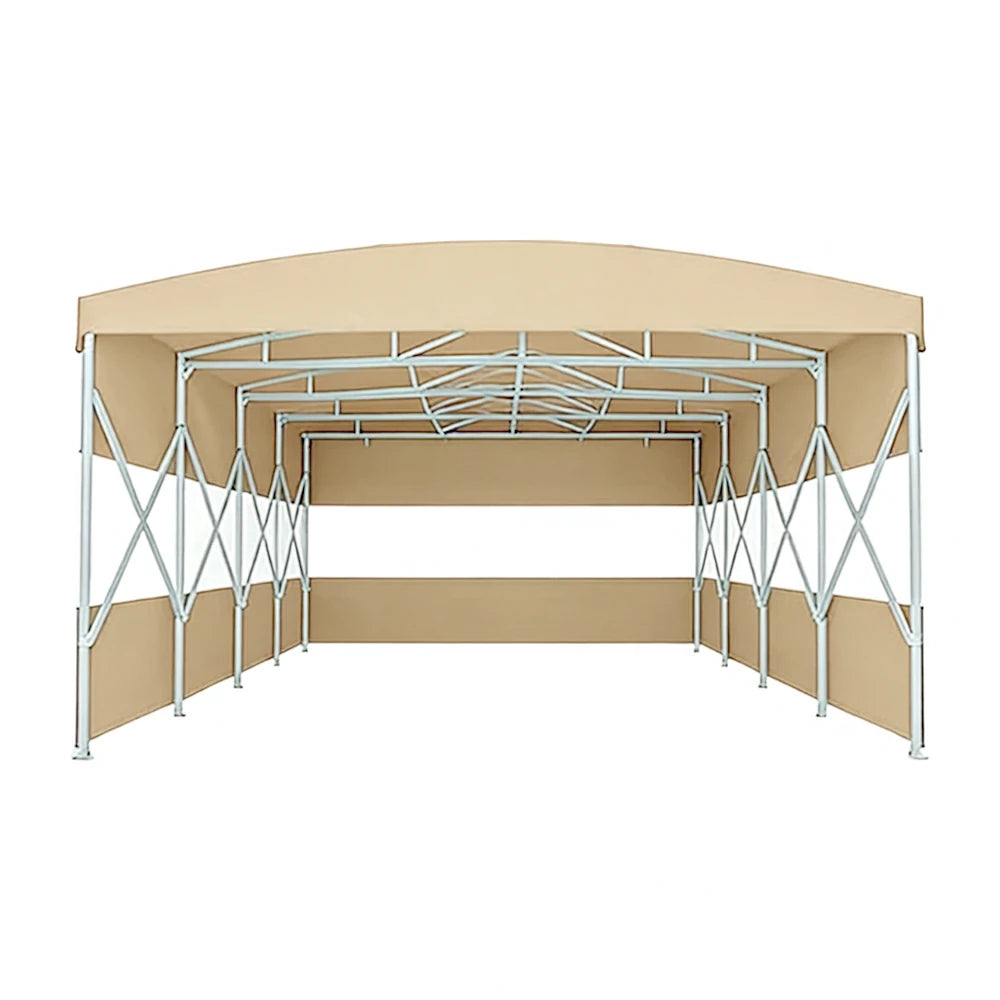 TREKKA Retractable Outdoor Canopy Rain and Sun Shelter Galvanised Steel Frame PVC Fabric 3-Side Panels Split Door - Khaki