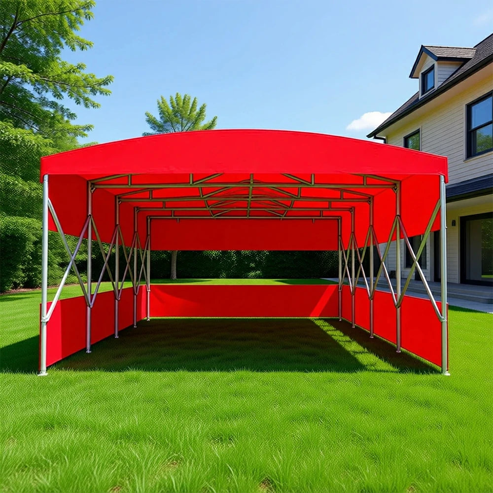 TREKKA Retractable Outdoor Canopy Rain and Sun Shelter Galvanised Steel Frame PVC Fabric 3-Side Panels Split Door - Red