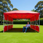 TREKKA Retractable Outdoor Canopy Rain and Sun Shelter Galvanised Steel Frame PVC Fabric 3-Side Panels Split Door - Red
