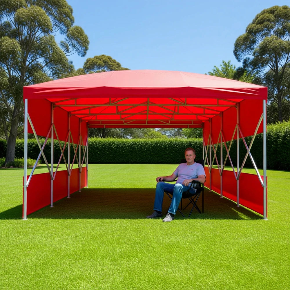 TREKKA Retractable Outdoor Canopy Rain and Sun Shelter Galvanised Steel Frame PVC Fabric 3-Side Panels Split Door - Red