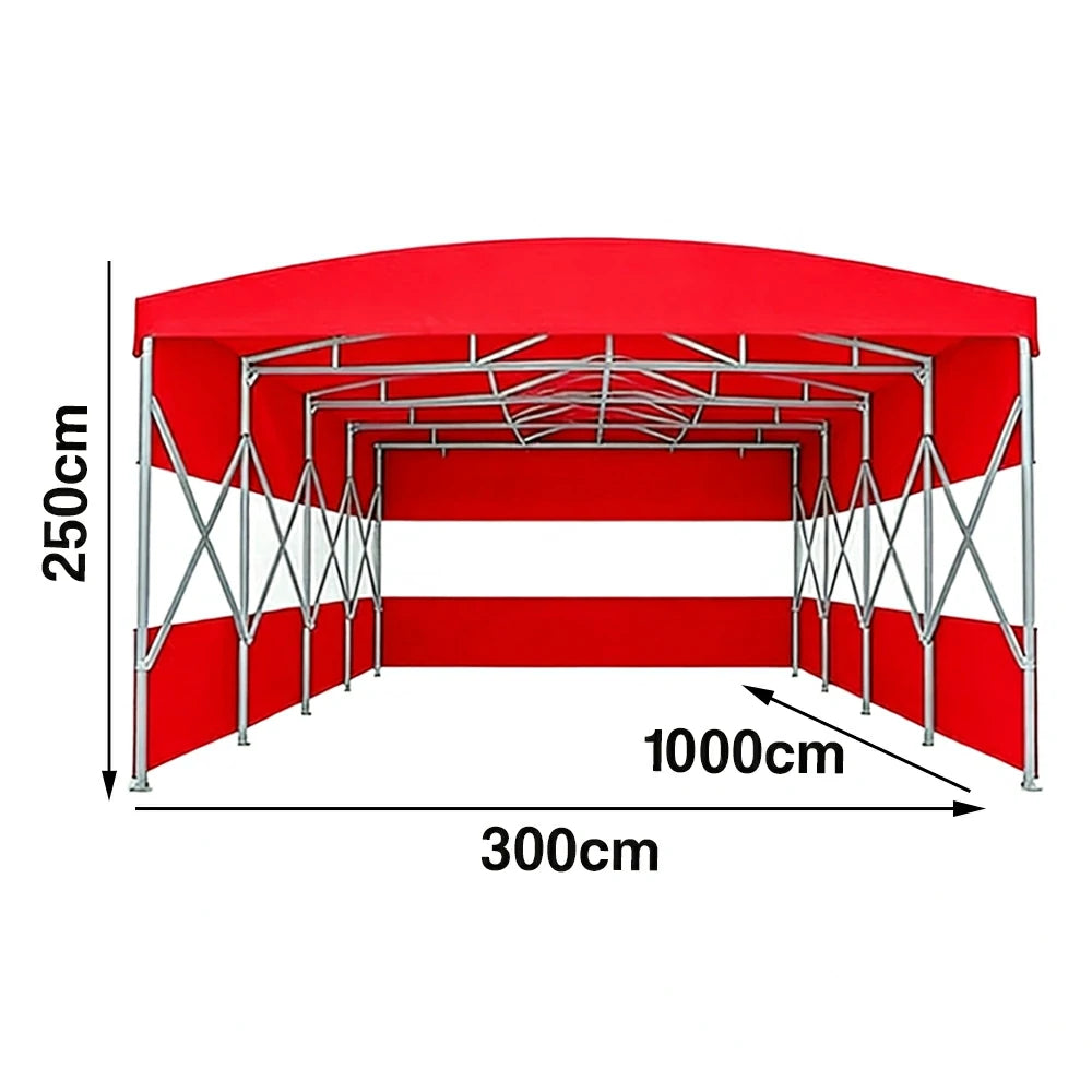 TREKKA Retractable Outdoor Canopy Rain and Sun Shelter Galvanised Steel Frame PVC Fabric 3-Side Panels Split Door - Red