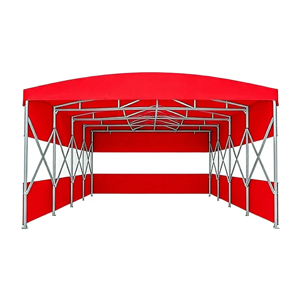 TREKKA Retractable Outdoor Canopy Rain and Sun Shelter Galvanised Steel Frame PVC Fabric 3-Side Panels Split Door - Red
