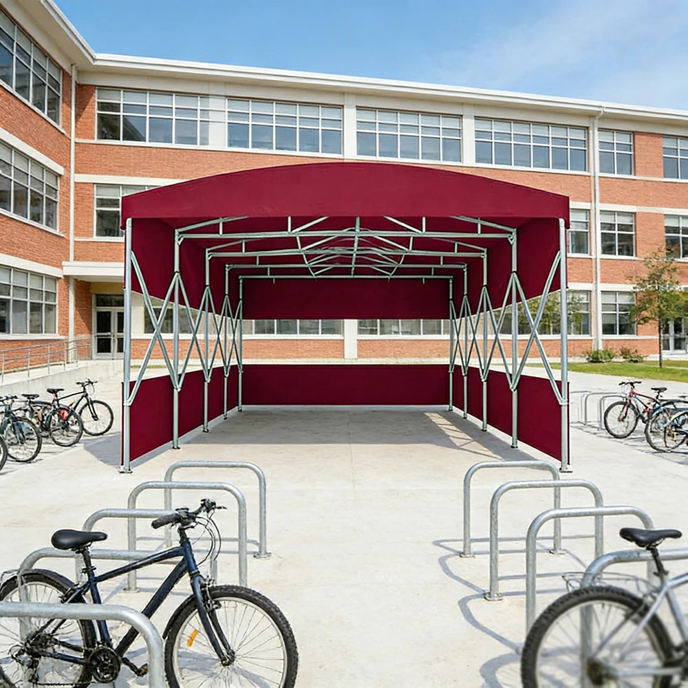 TREKKA Retractable Outdoor Canopy Rain and Sun Shelter Galvanised Steel Frame PVC Fabric 3-Side Panels Split Door - Wine Red