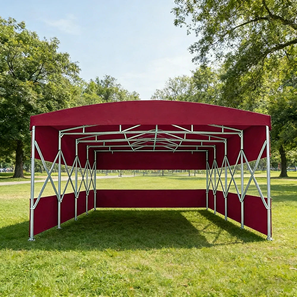 TREKKA Retractable Outdoor Canopy Rain and Sun Shelter Galvanised Steel Frame PVC Fabric 3-Side Panels Split Door - Wine Red