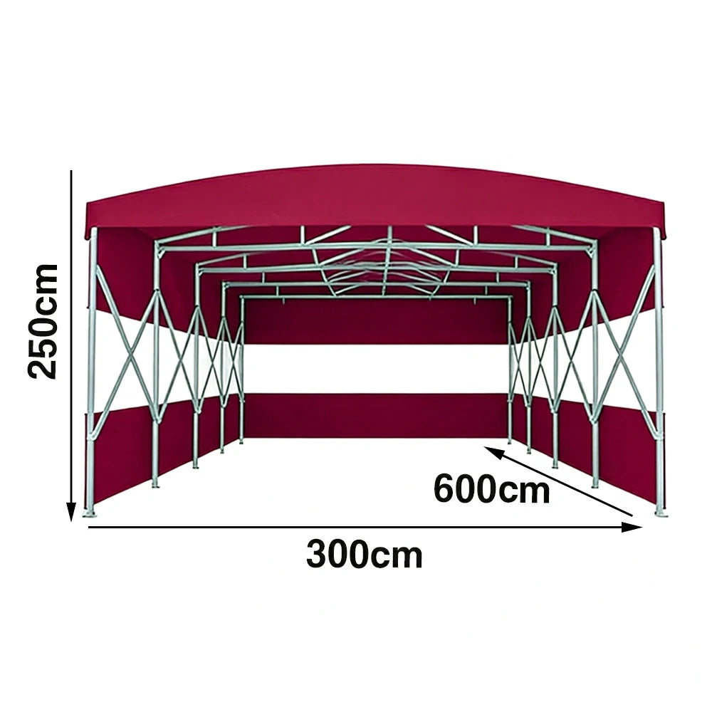 TREKKA Retractable Outdoor Canopy Rain and Sun Shelter Galvanised Steel Frame PVC Fabric 3-Side Panels Split Door - Wine Red
