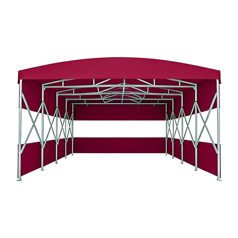TREKKA Retractable Outdoor Canopy Rain and Sun Shelter Galvanised Steel Frame PVC Fabric 3-Side Panels Split Door - Wine Red
