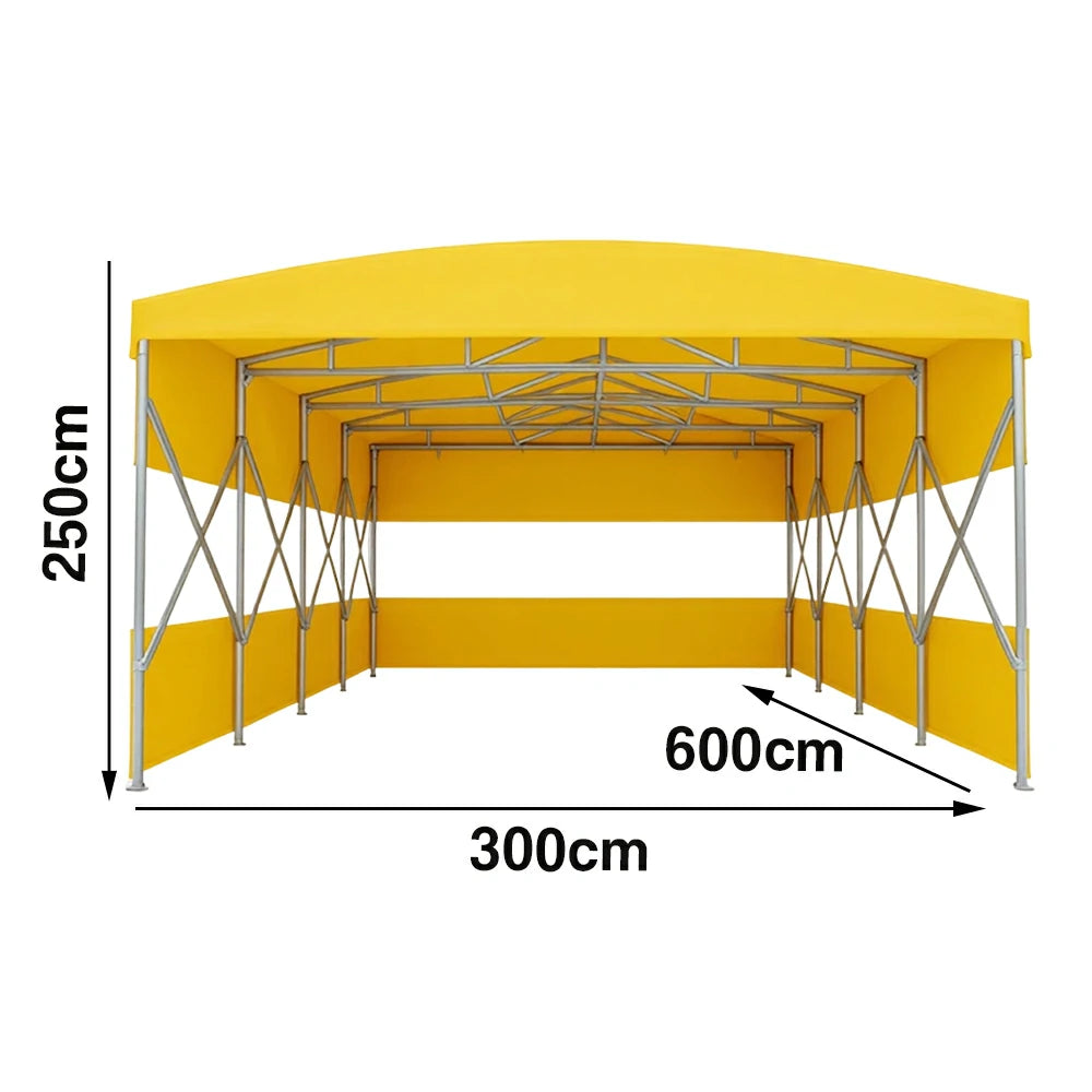 TREKKA Retractable Outdoor Canopy Rain and Sun Shelter Galvanised Steel Frame PVC Fabric 3-Side Panels Split Door - Yellow