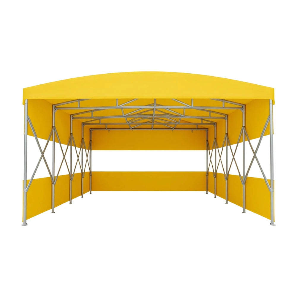 TREKKA Retractable Outdoor Canopy Rain and Sun Shelter Galvanised Steel Frame PVC Fabric 3-Side Panels Split Door - Yellow