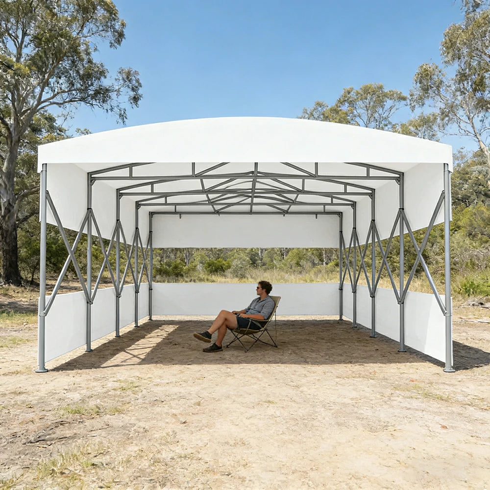 TREKKA Retractable Outdoor Canopy Rain and Sun Shelter Galvanised Steel Frame PVC Fabric 3-Side Panels Split Door - White