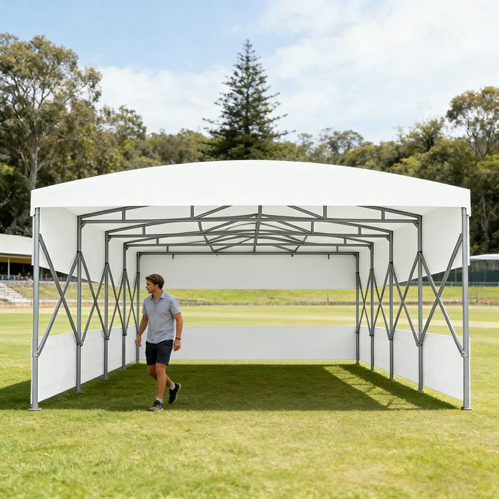 TREKKA Retractable Outdoor Canopy Rain and Sun Shelter Galvanised Steel Frame PVC Fabric 3-Side Panels Split Door - White