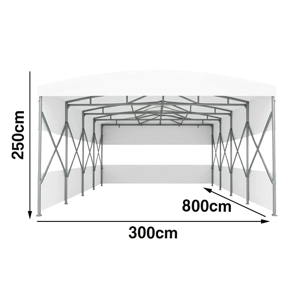 TREKKA Retractable Outdoor Canopy Rain and Sun Shelter Galvanised Steel Frame PVC Fabric 3-Side Panels Split Door - White