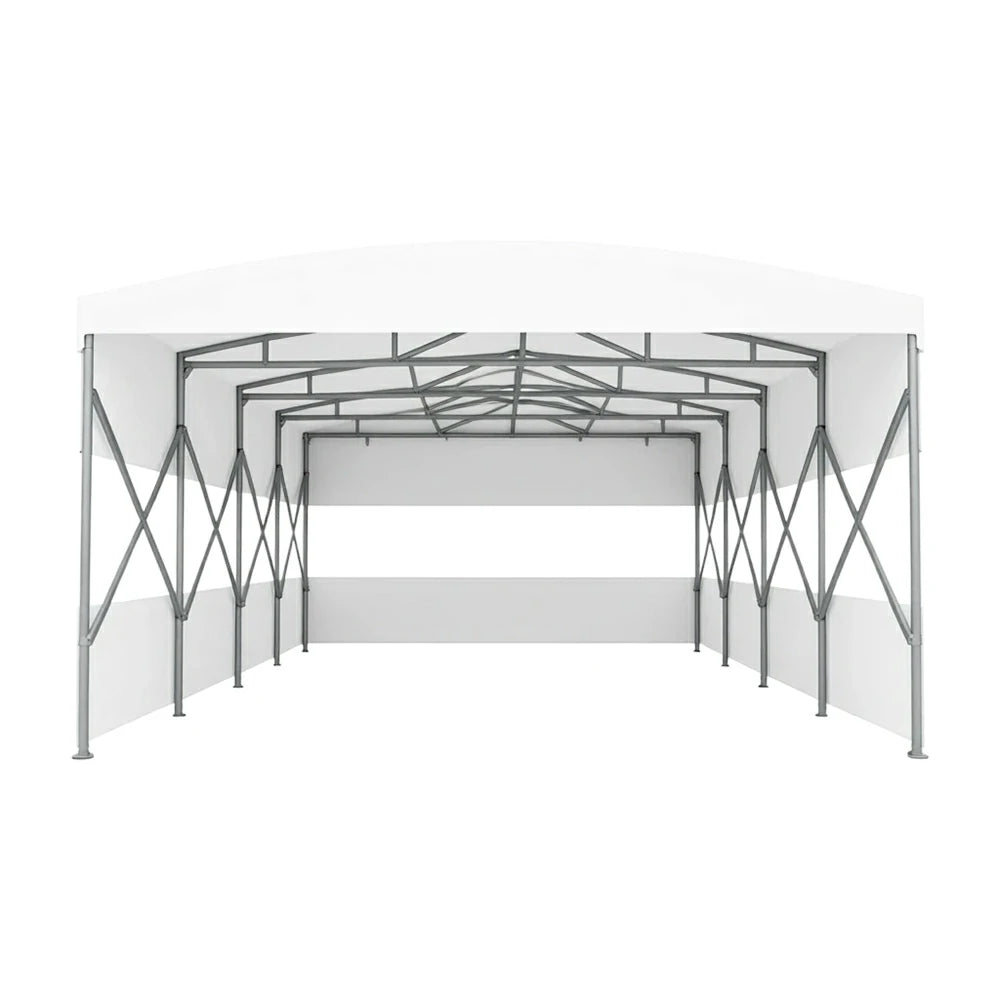 TREKKA Retractable Outdoor Canopy Rain and Sun Shelter Galvanised Steel Frame PVC Fabric 3-Side Panels Split Door - White