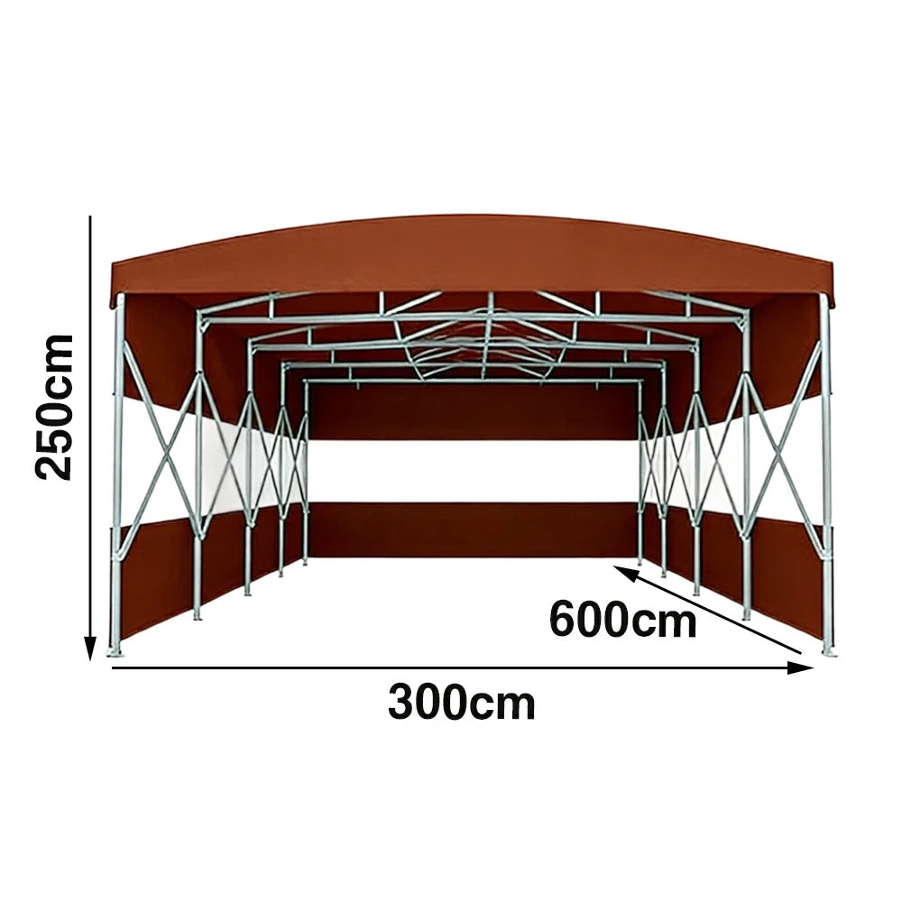 TREKKA Retractable Outdoor Canopy Rain and Sun Shelter Galvanised Steel Frame PVC Fabric 3-Side Panels Split Door - Coffee