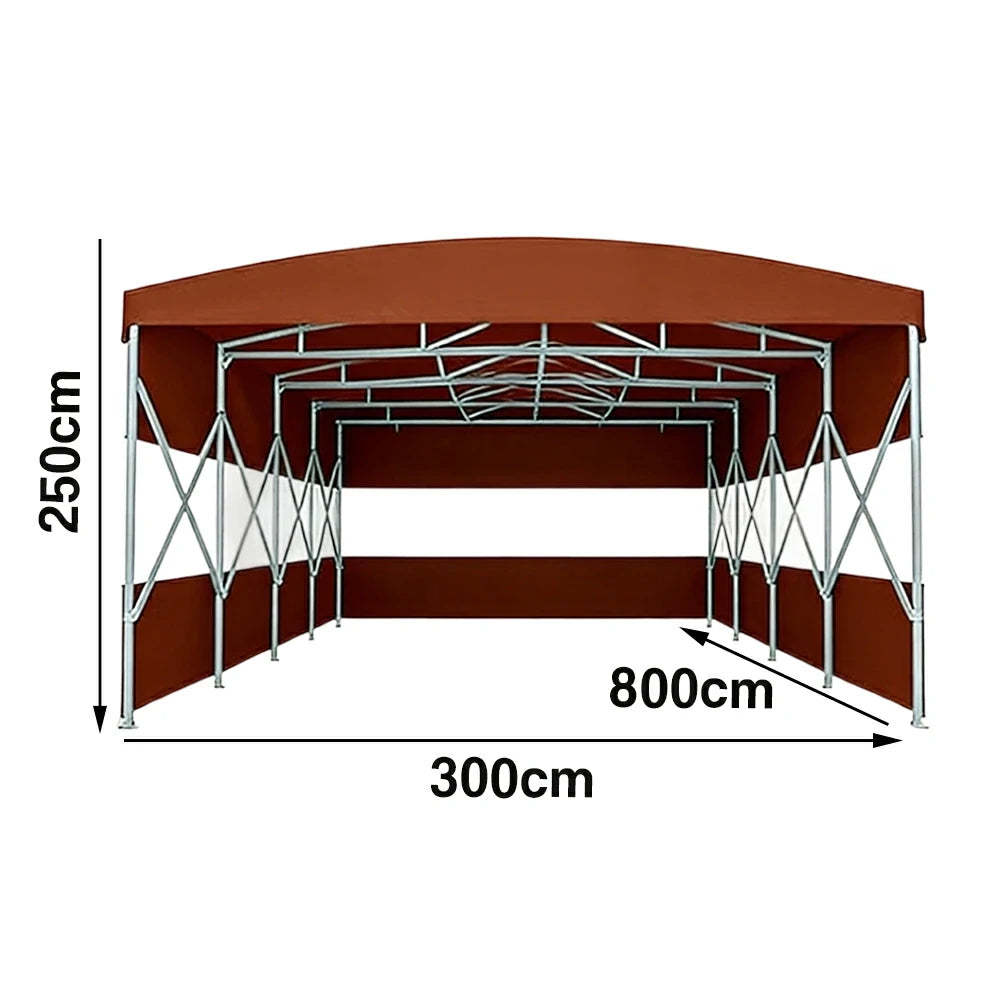 TREKKA Retractable Outdoor Canopy Rain and Sun Shelter Galvanised Steel Frame PVC Fabric 3-Side Panels Split Door - Coffee