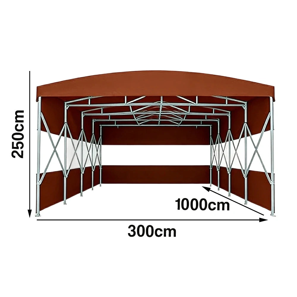 TREKKA Retractable Outdoor Canopy Rain and Sun Shelter Galvanised Steel Frame PVC Fabric 3-Side Panels Split Door - Coffee