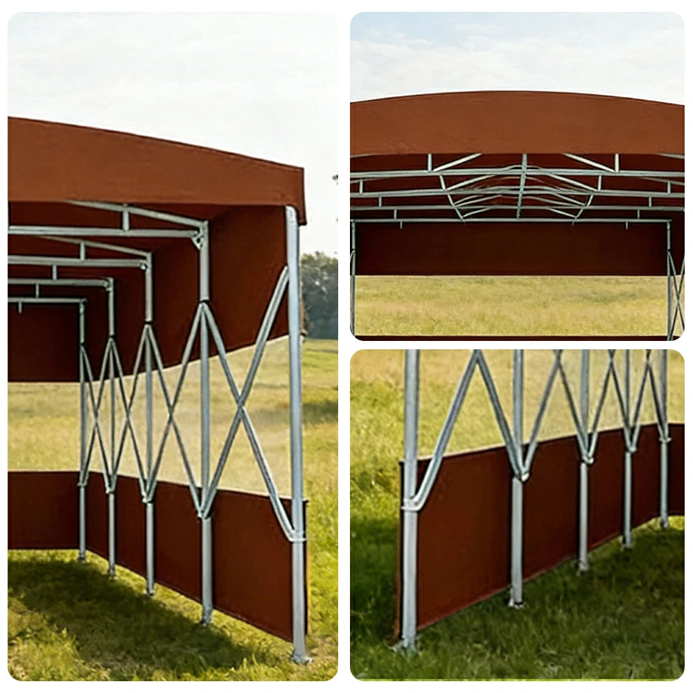 TREKKA Retractable Outdoor Canopy Rain and Sun Shelter Galvanised Steel Frame PVC Fabric 3-Side Panels Split Door - Coffee
