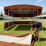 TREKKA Retractable Outdoor Canopy Rain and Sun Shelter Galvanised Steel Frame PVC Fabric 3-Side Panels Split Door - Coffee