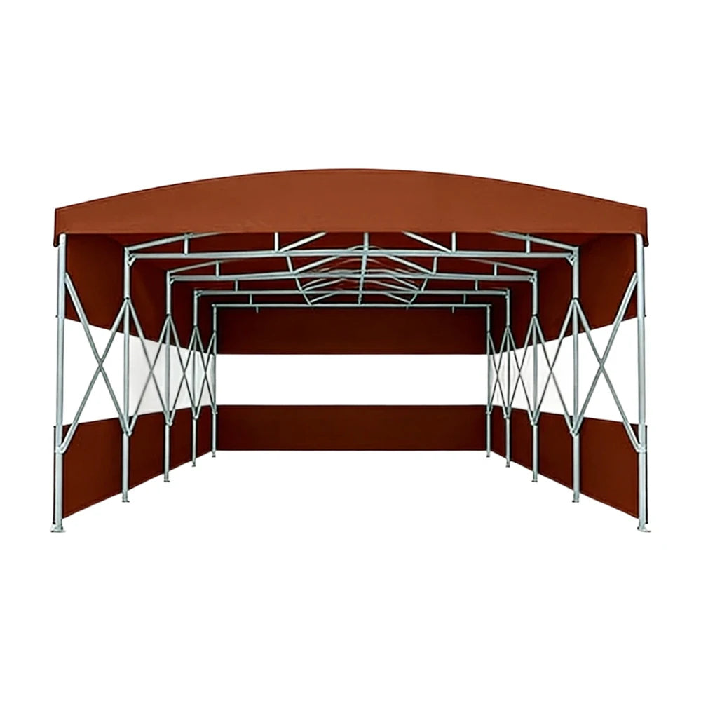 TREKKA Retractable Outdoor Canopy Rain and Sun Shelter Galvanised Steel Frame PVC Fabric 3-Side Panels Split Door - Coffee