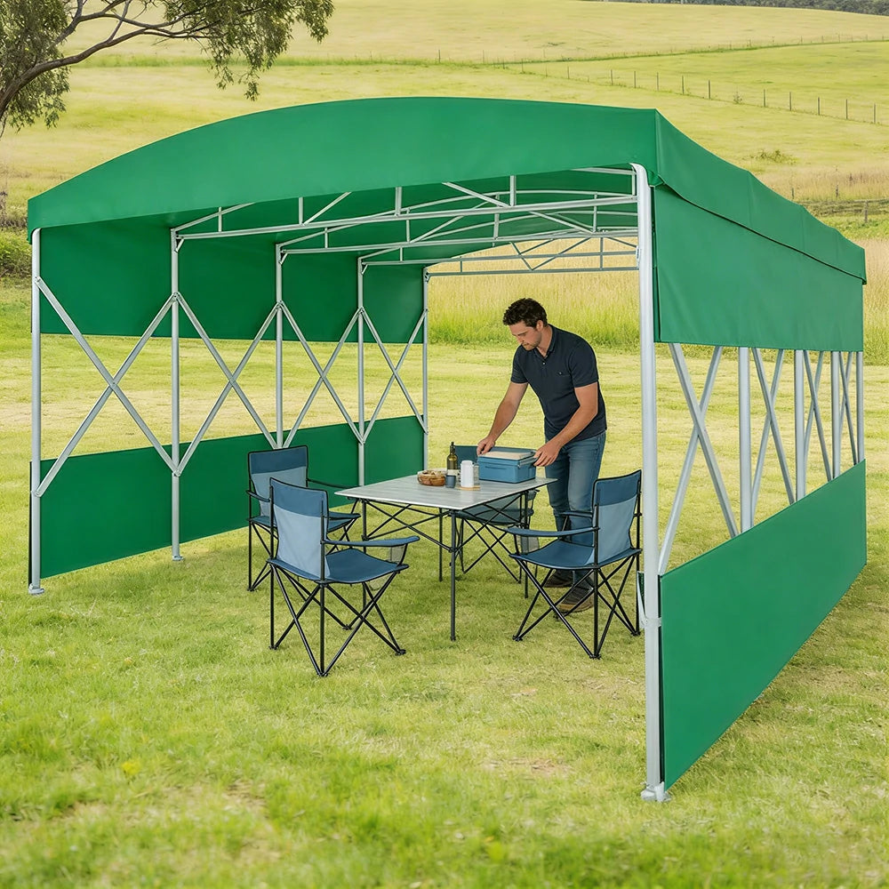 TREKKA Retractable Outdoor Canopy Rain and Sun Shelter Galvanised Steel Frame PVC Fabric Semi-Transparent Side Panels - Green
