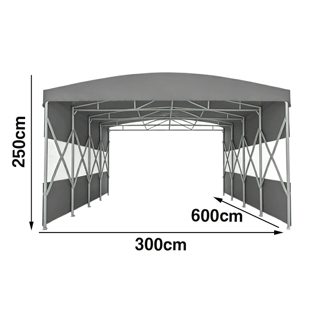 TREKKA Retractable Outdoor Canopy Rain and Sun Shelter Galvanised Steel Frame PVC Fabric Semi-Transparent Side Panels - Grey
