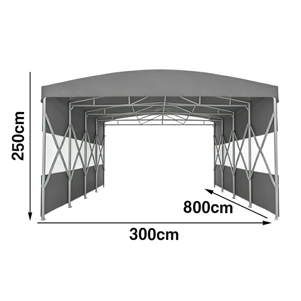 TREKKA Retractable Outdoor Canopy Rain and Sun Shelter Galvanised Steel Frame PVC Fabric Semi-Transparent Side Panels - Grey