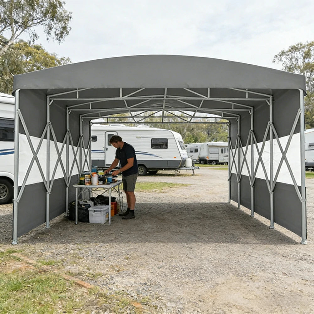 TREKKA Retractable Outdoor Canopy Rain and Sun Shelter Galvanised Steel Frame PVC Fabric Semi-Transparent Side Panels - Grey