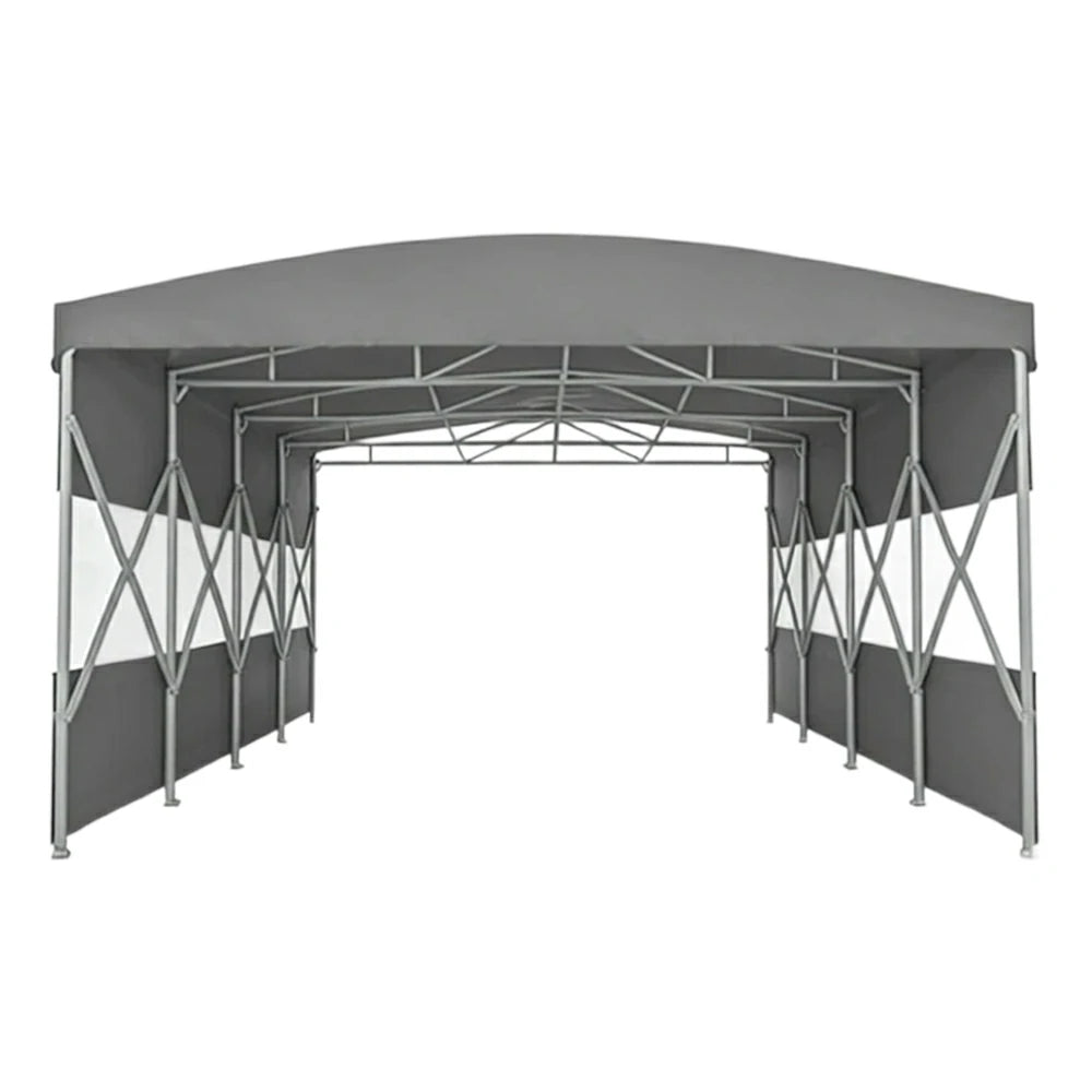TREKKA Retractable Outdoor Canopy Rain and Sun Shelter Galvanised Steel Frame PVC Fabric Semi-Transparent Side Panels - Grey