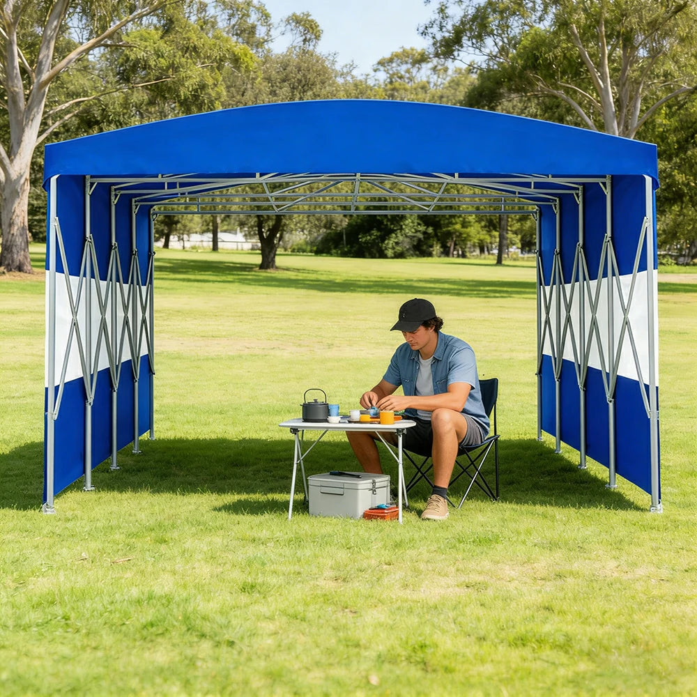 TREKKA Retractable Outdoor Canopy Rain and Sun Shelter Galvanised Steel Frame PVC Fabric Semi-Transparent Side Panels - Blue