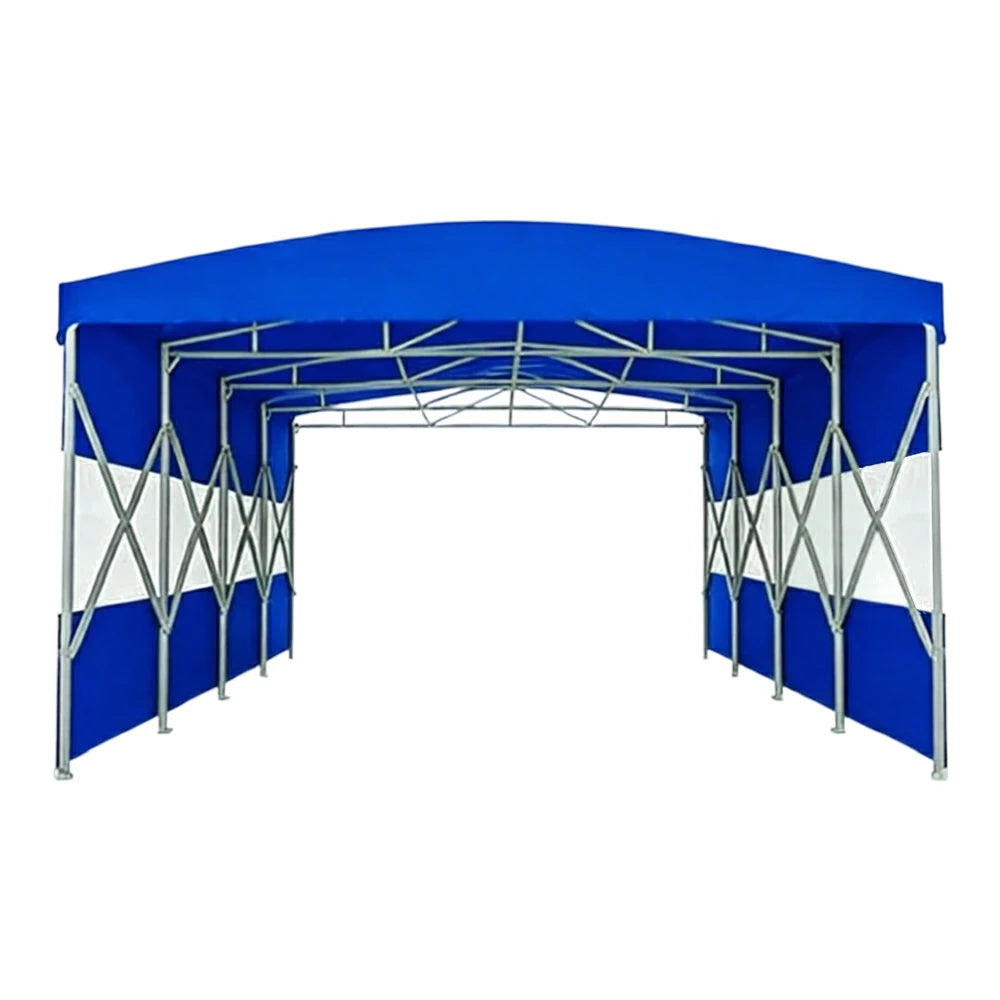 TREKKA Retractable Outdoor Canopy Rain and Sun Shelter Galvanised Steel Frame PVC Fabric Semi-Transparent Side Panels - Blue