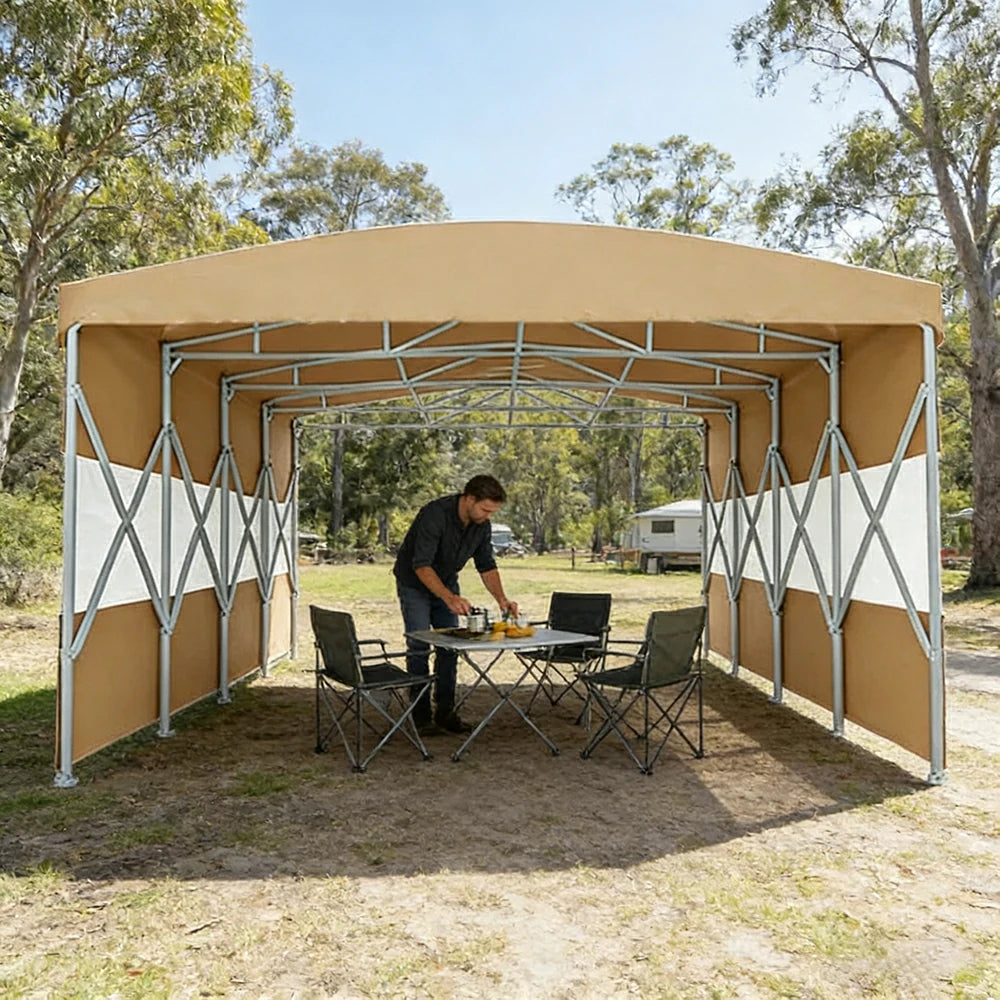 TREKKA Retractable Outdoor Canopy Rain and Sun Shelter Galvanised Steel Frame PVC Fabric Semi-Transparent Side Panels - Khaki