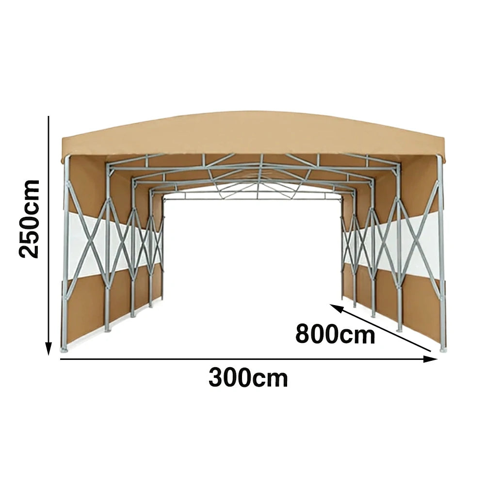 TREKKA Retractable Outdoor Canopy Rain and Sun Shelter Galvanised Steel Frame PVC Fabric Semi-Transparent Side Panels - Khaki