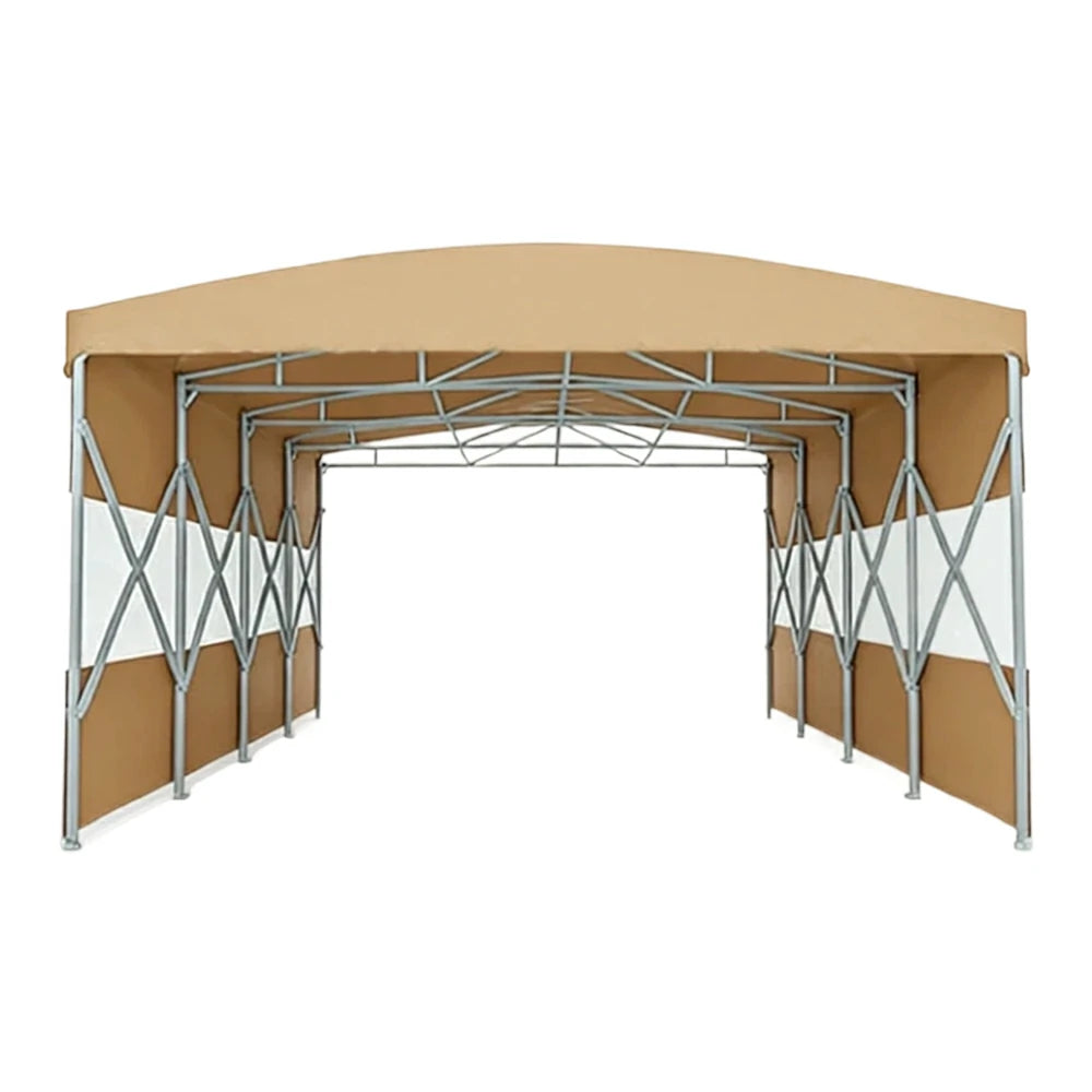 TREKKA Retractable Outdoor Canopy Rain and Sun Shelter Galvanised Steel Frame PVC Fabric Semi-Transparent Side Panels - Khaki