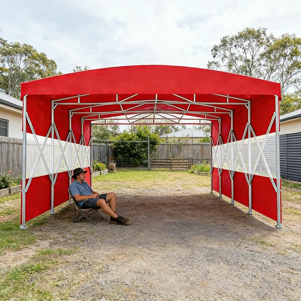 TREKKA Retractable Outdoor Canopy Rain and Sun Shelter Galvanised Steel Frame PVC Fabric Semi-Transparent Side Panels - Red
