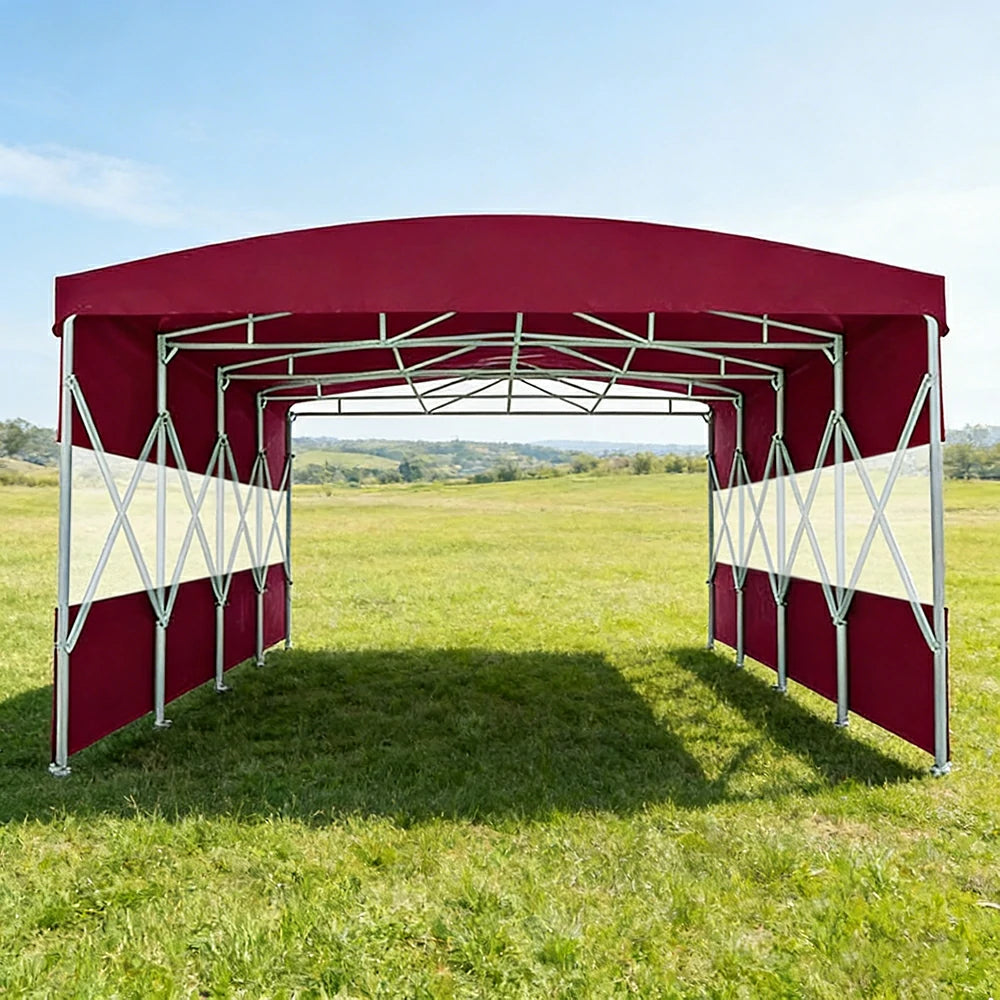 TREKKA Retractable Outdoor Canopy Rain and Sun Shelter Galvanised Steel Frame PVC Fabric Semi-Transparent Side Panels - Wine Red