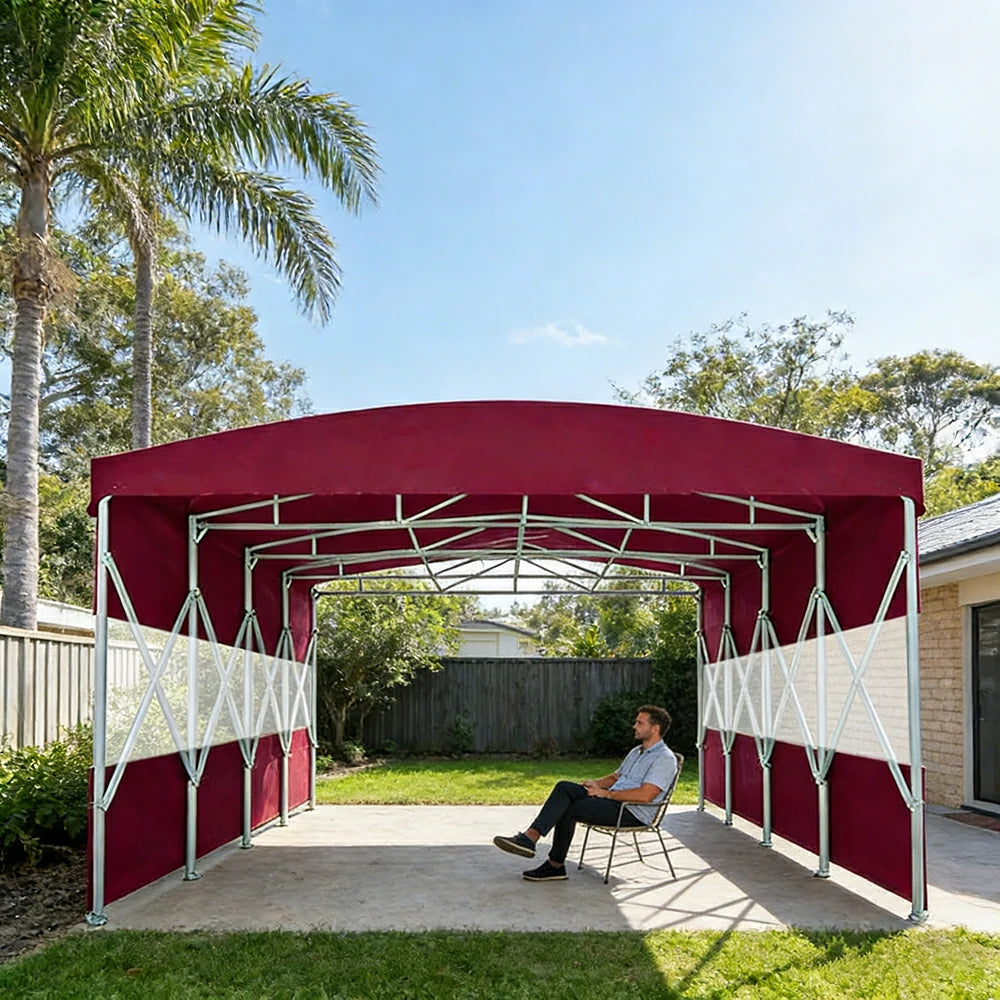 TREKKA Retractable Outdoor Canopy Rain and Sun Shelter Galvanised Steel Frame PVC Fabric Semi-Transparent Side Panels - Wine Red